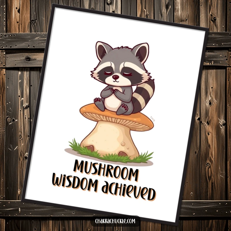 Funny Raccoon Poster: A mischievous raccoon meditates serenely on a giant mushroom, eyes twinkling with playful wisdom and a hint of mischief.