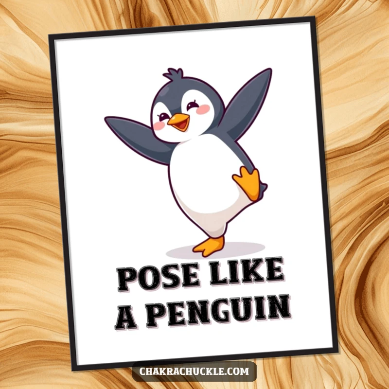 Funny kawaii penguin poster showcasing a cute, bouncing penguin energetically striking a yoga balance pose, full of dynamism.