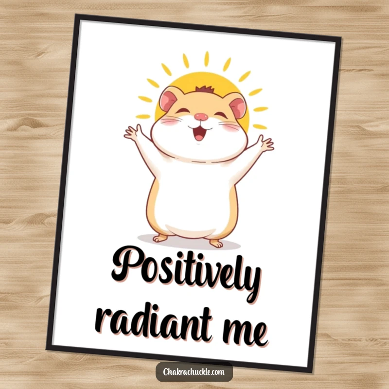 Funny Hamster Poster: A giggly hamster joyfully performs a sun salutation, arms waving with boundless, cheerful energy and a bright smile.