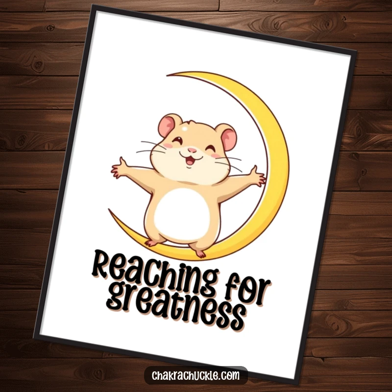 Funny Hamster Poster: A determined hamster stretches wide into a crescent moon yoga pose, showing focus and ambition with joyful energy.