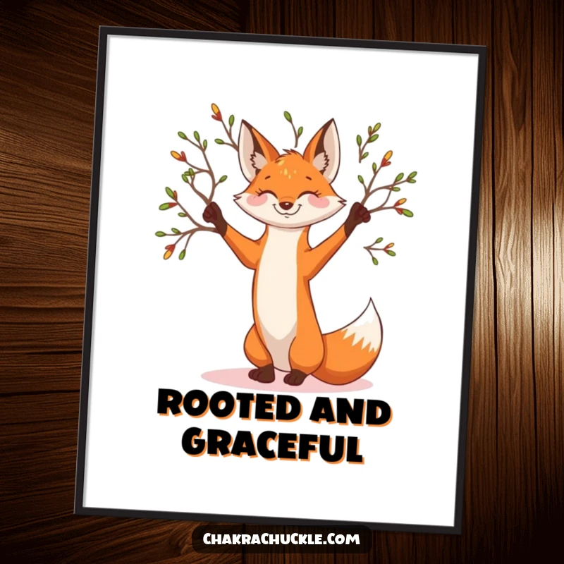 Funny smiling fox poster in a serene tree pose, branches reaching out, adding whimsical nature art.