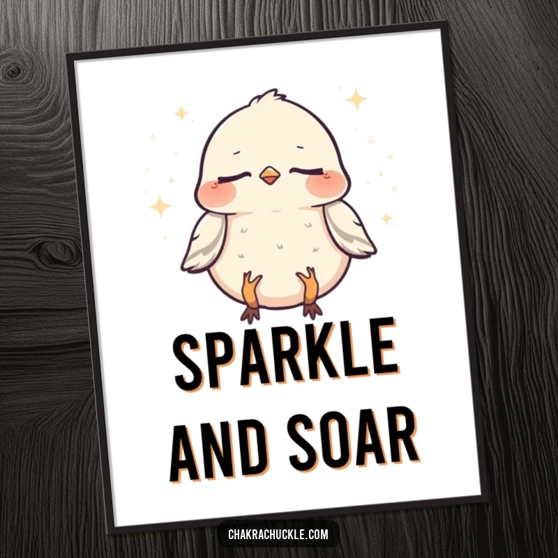 Funny Sparrow Zen Poster: A chirpy sparrow in a humorous meditation pose, surrounded by tiny sparkles, bringing calm art.