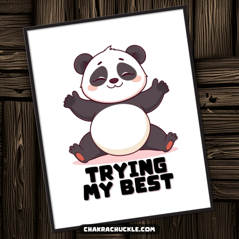 Funny Panda Yoga Poster: Giggling panda character attempting a challenging yoga pose with a wobbly grin.