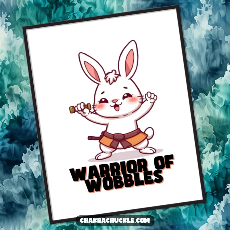 Funny kawaii rabbit poster showing an amused bunny attempting a hilariously wobbly warrior pose, adding a touch of cute humor.