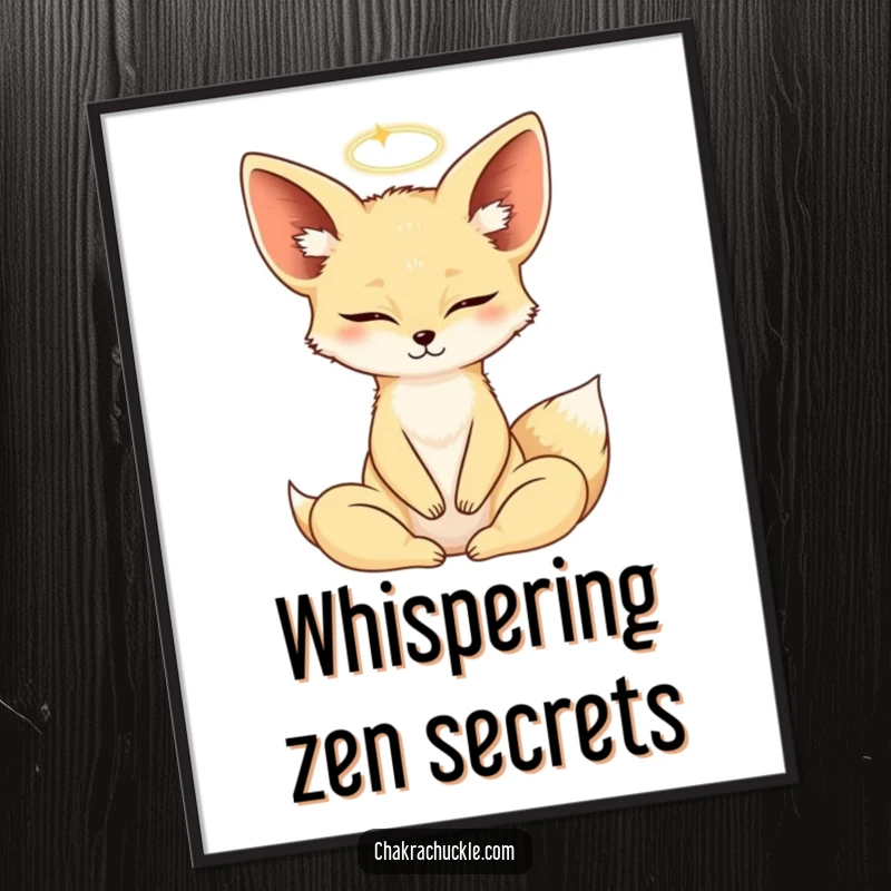 Funny Fennec Fox meditating in a yoga lotus pose, eyes closed, halo shimmering, on a decorative poster.