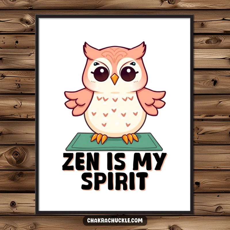 Funny poster displaying a giggling owl meditating gracefully above a yoga mat, eyes twinkling, bringing a humorous and peaceful vibe.