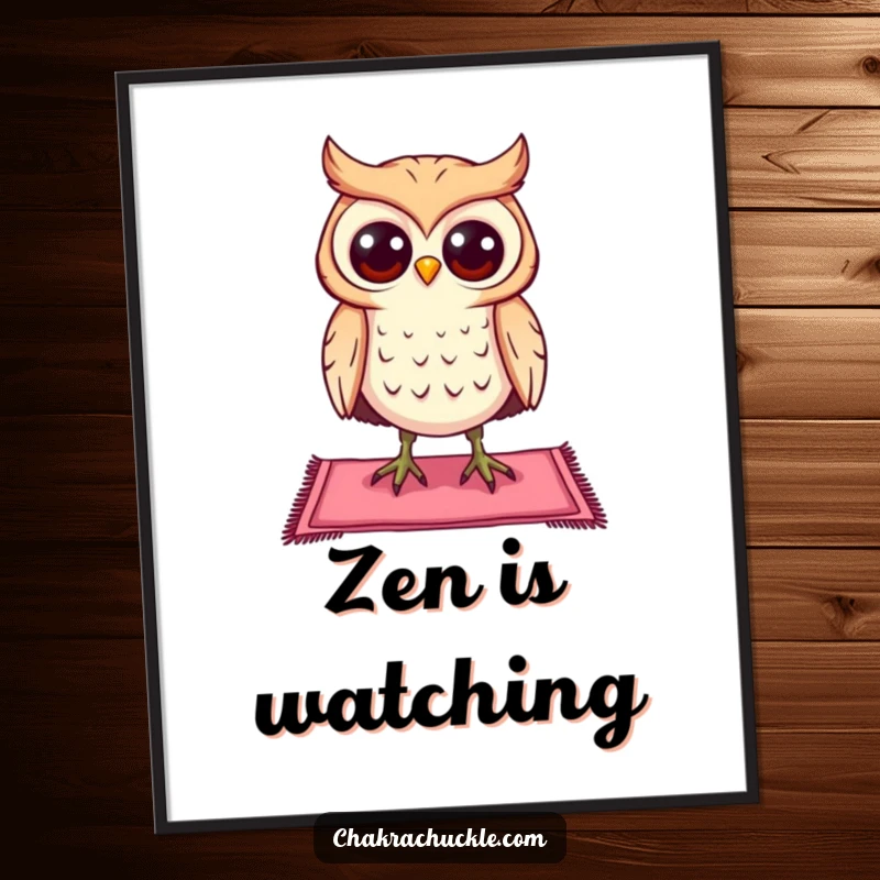 Funny curious owl poster character balancing on a tiny yoga mat, eyes wide open, inspiring and humorous wall decor.