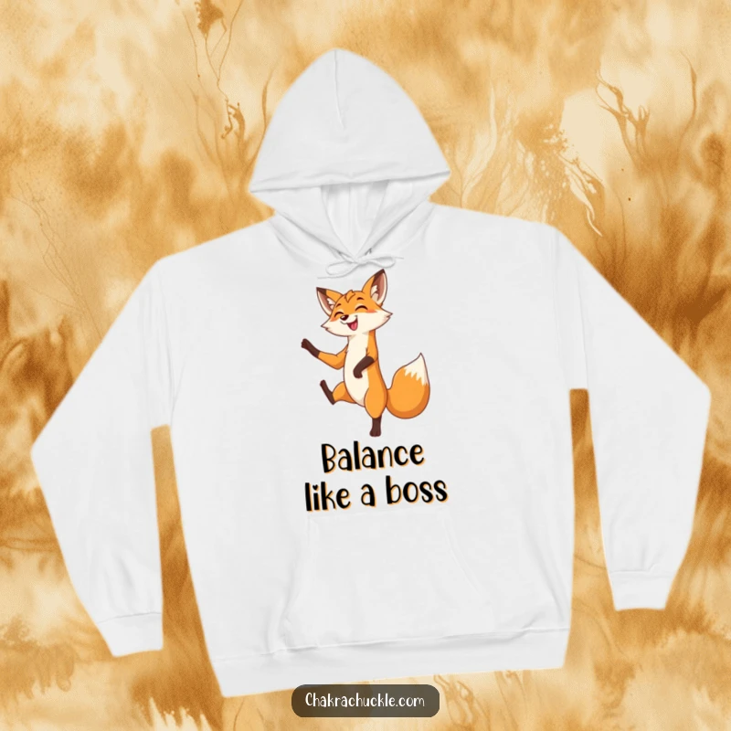 Funny Fox Hoodie: A grinning fox gracefully balances in a tree pose, one leg lifted with playful poise and a sly smile.