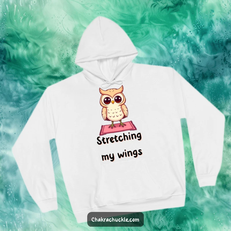 Funny curious owl hoodie character balancing on a tiny yoga mat, eyes wide open, cozy and mindful attire.