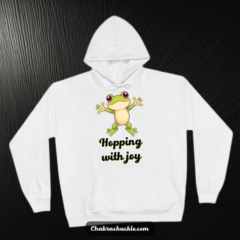 Funny hoodie with a frog in a powerful leap, arms open wide, symbolizing freedom and balanced energy.