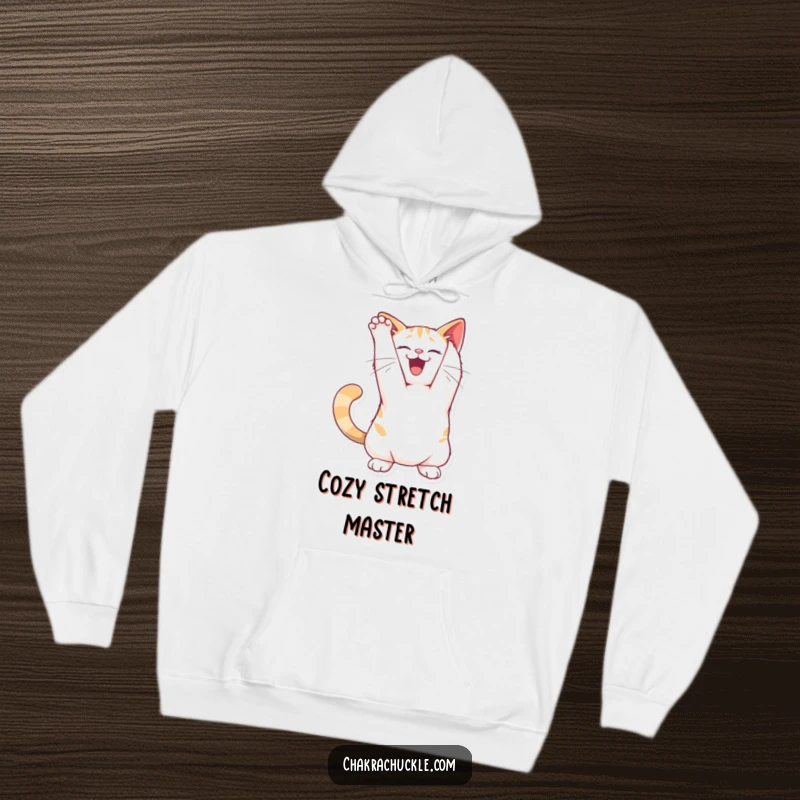 Funny joyful cat hoodie character stretching its back in a playful arch pose, the epitome of cozy humor.