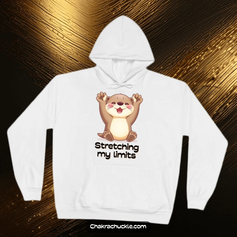 Funny cozy otter hoodie stretching its paws upwards with a radiant smile, offering comfort and playful humor.