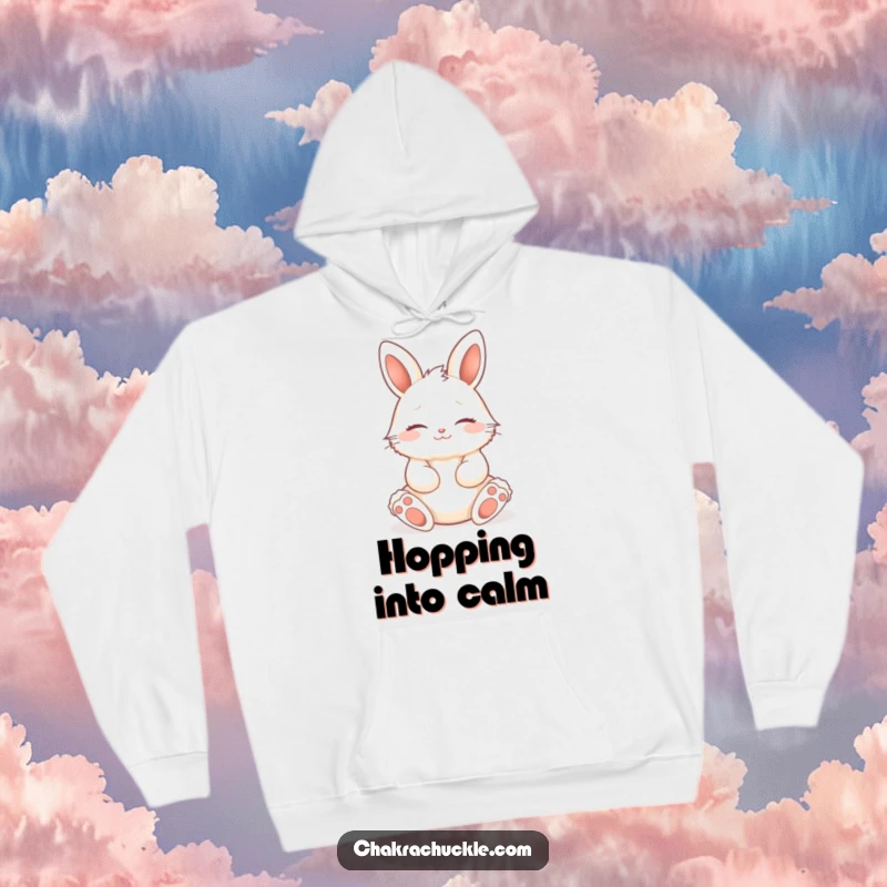 Funny fluffy bunny in a seated lotus pose, eyes closed with a smile, a cozy and humorous hoodie for relaxation.