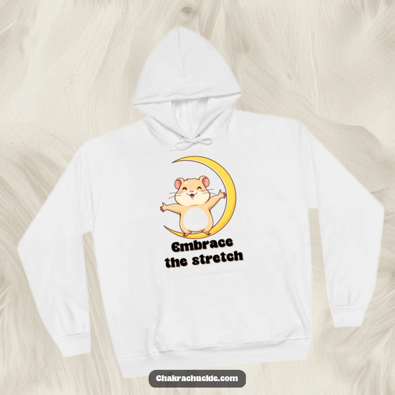 Funny Hamster Hoodie: A determined hamster stretches wide into a crescent moon yoga pose, showing focus and ambition with joyful energy.