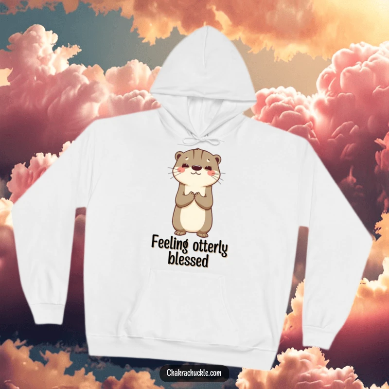 Funny hoodie showcasing a happy otter balanced perfectly, hands together, a symbol of pure, unadulterated gratitude and comfort.