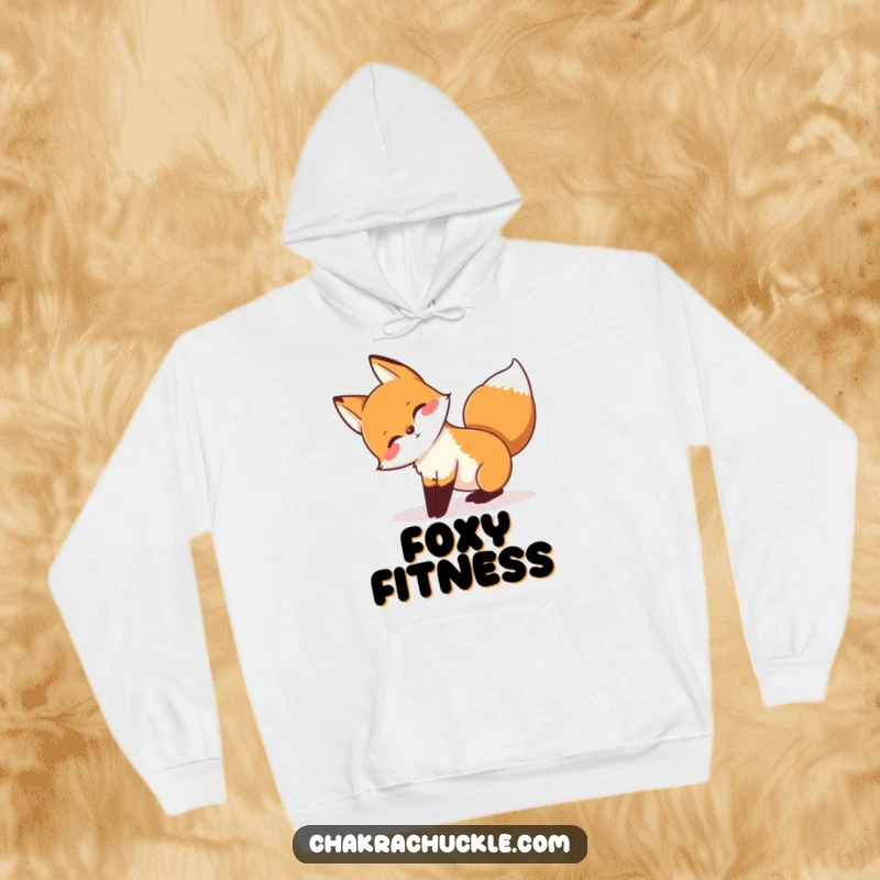 Funny, cozy hoodie depicting a playful fox stretching in a downward-facing dog pose, tail wagging with energy.