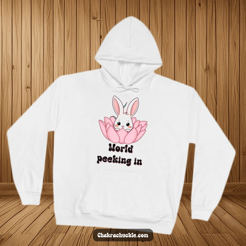Funny hoodie design showing a curious rabbit peeking playfully from behind a large, beautiful lotus flower, radiating cuteness.