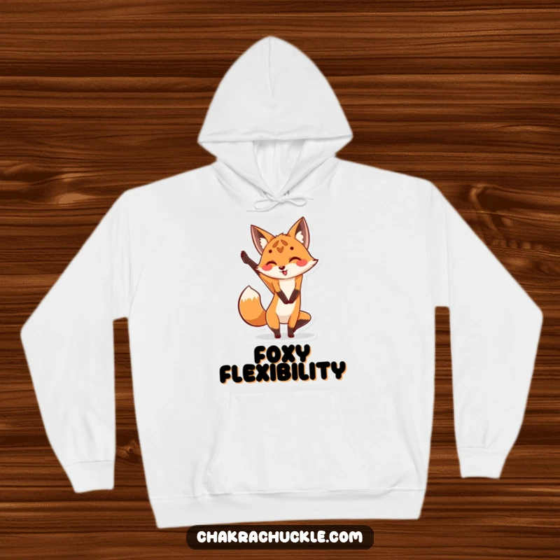 Funny Fox Yoga Hoodie: Cute fox performing a leg stretch yoga pose, offering warmth and humor.