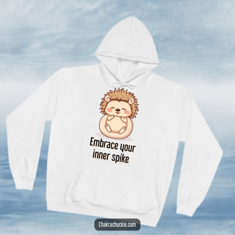 Funny hoodie featuring a happy hedgehog meditating while rolled into a protective ball, offering humorous comfort.