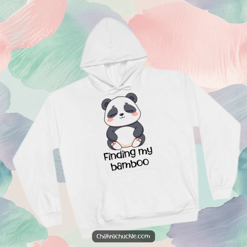 Funny hoodie with a chubby meditating panda, eyes closed and smiling gently, offering serene comfort and amusement.