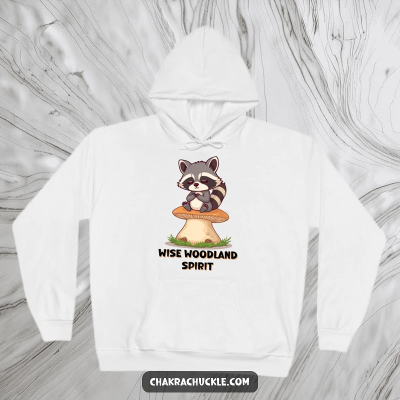 Funny Raccoon Hoodie: A mischievous raccoon meditates serenely on a giant mushroom, eyes twinkling with playful wisdom and a hint of mischief.