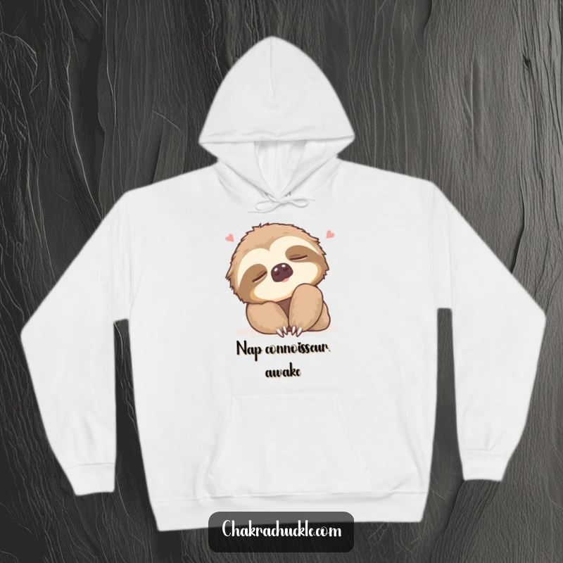 Funny Hoodie featuring a sleepy sloth with eyes closed, doing a gentle neck roll and sighing contentedly, offering cozy humor.