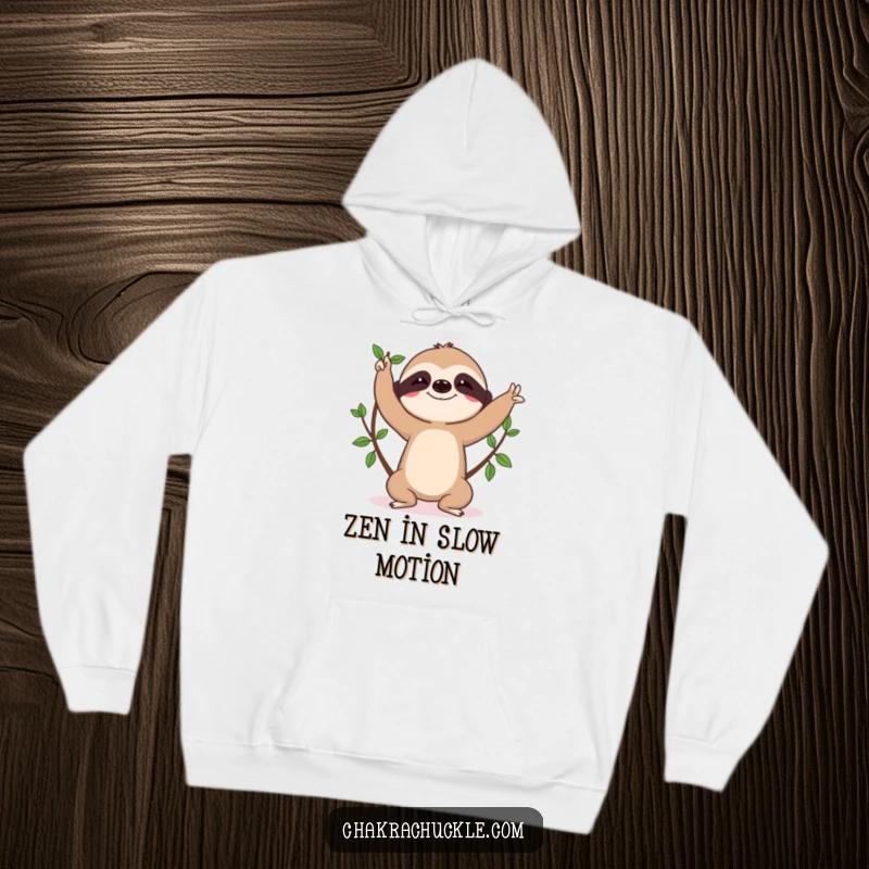 Funny sloth hoodie, character in tree pose, determined to balance, cozy yoga humor, giftable.