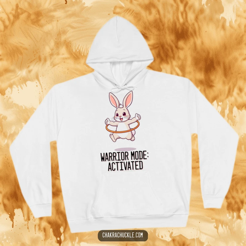 Funny hoodie showcasing a determined bouncy bunny mid-air, performing a warrior pose inside a hula hoop, radiating fun.