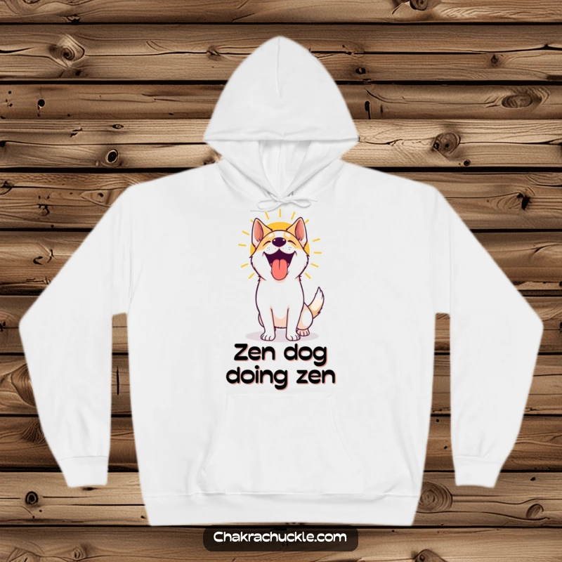 Funny yoga dog hoodie depicting a happy, panting dog celebrating the completion of a sun salutation, exuding warmth and playful energy.