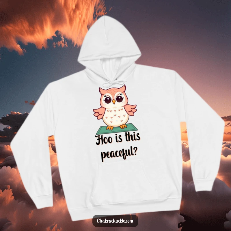 Funny hoodie depicting a giggling owl meditating serenely, suspended above a yoga mat, offering comfort and a good laugh.