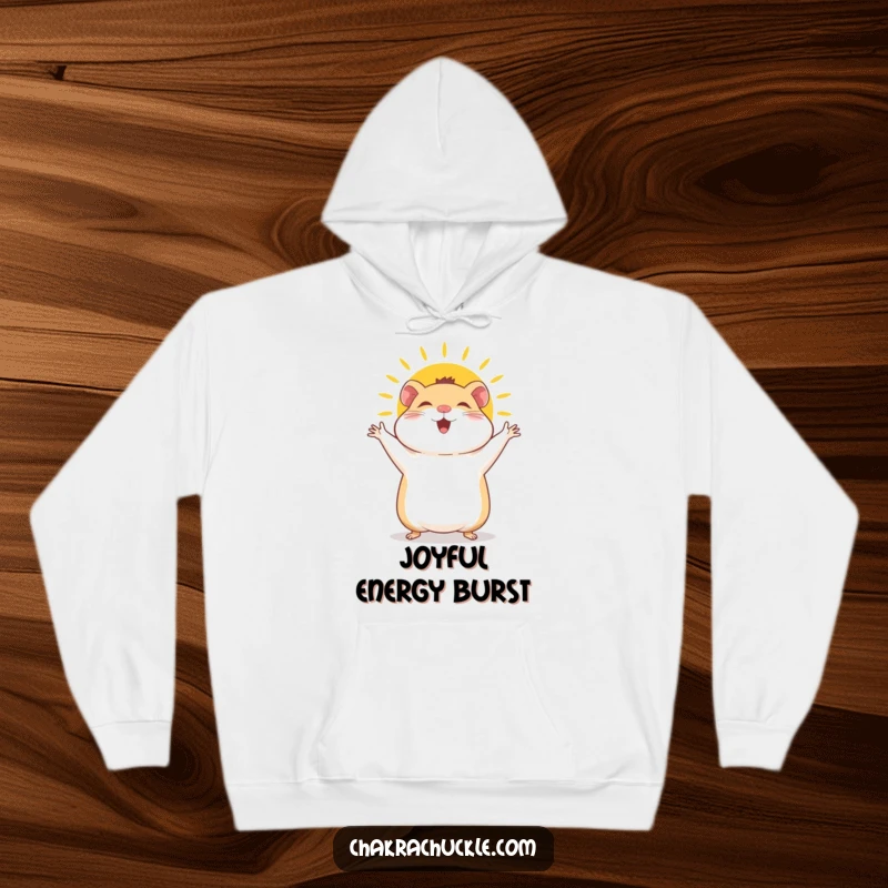 Funny Hamster Hoodie: A giggly hamster joyfully performs a sun salutation, arms waving with boundless, cheerful energy and a bright smile.