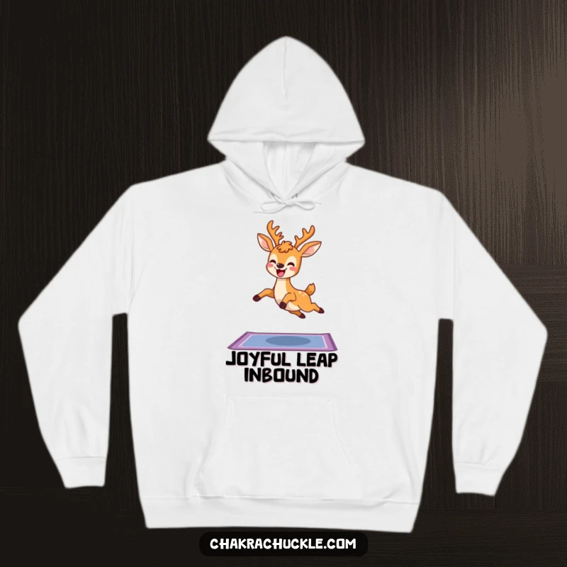 Funny Kawaii Deer Yoga Hoodie featuring a cute delighted deer leaping over a yoga mat, ideal for a cozy and humorous gift.