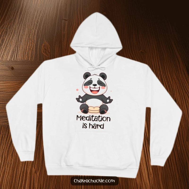 Funny Panda juggling meditation cushions with a wide, silly grin on a warm hoodie.