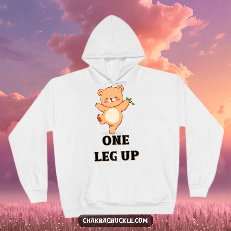 Funny Kawaii Bear Yoga Hoodie featuring a cute giggling bear in a tree pose, ideal for a cozy and humorous gift.
