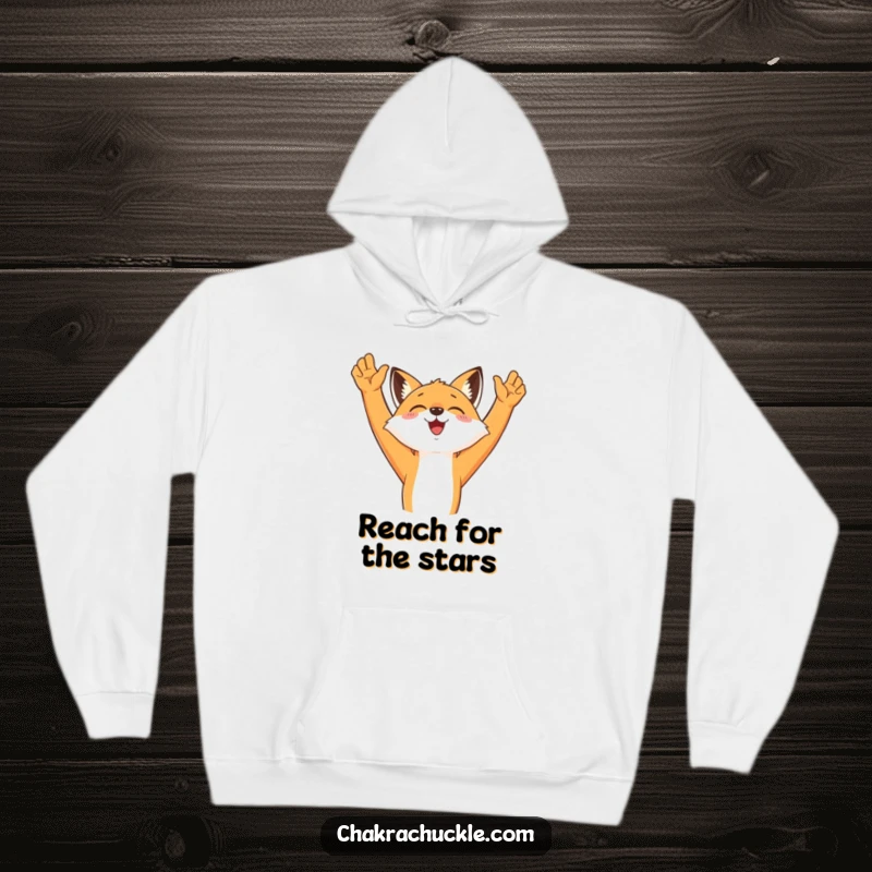 Funny Cozy Fox Hoodie showcasing a smiling fox stretching its arms upwards, perfect for warm, comfortable, and humorous wear.