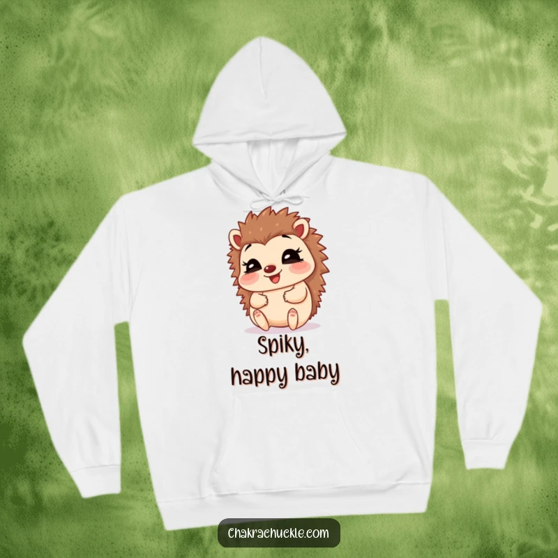 Funny Hedgehog Baby Pose Hoodie: A giggling hedgehog in a happy baby pose, holding its feet, for humorous coziness.