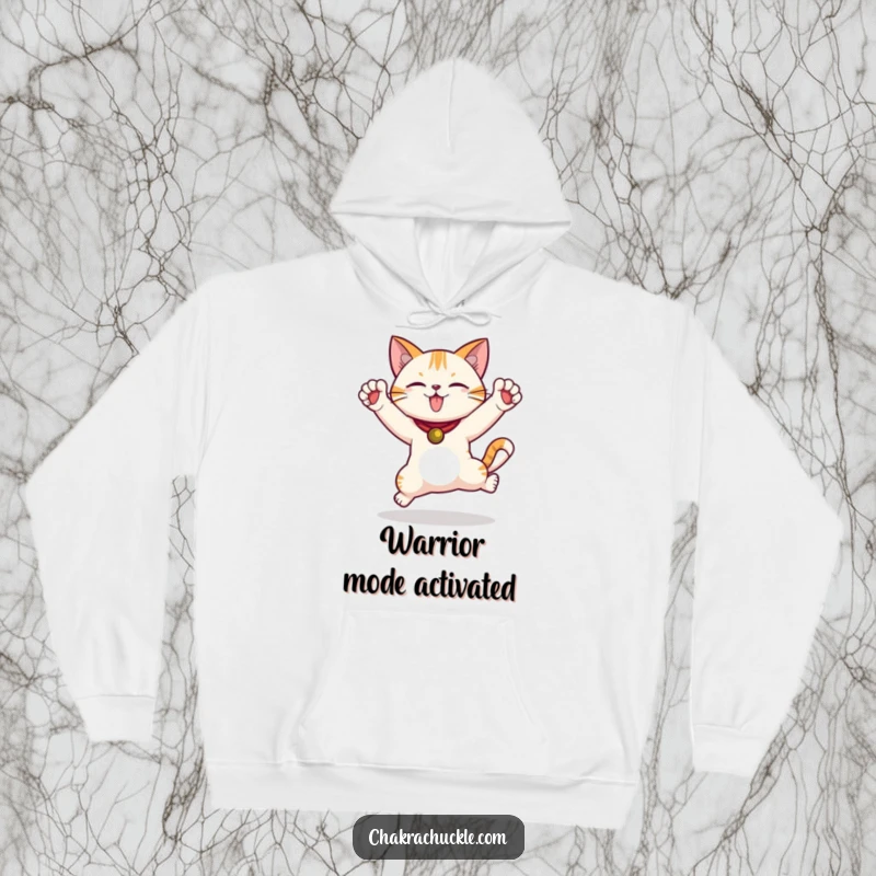 Funny Cat Hoodie showcasing a jumping cat in a warrior pose with paws in the air, radiating happiness and comfort.
