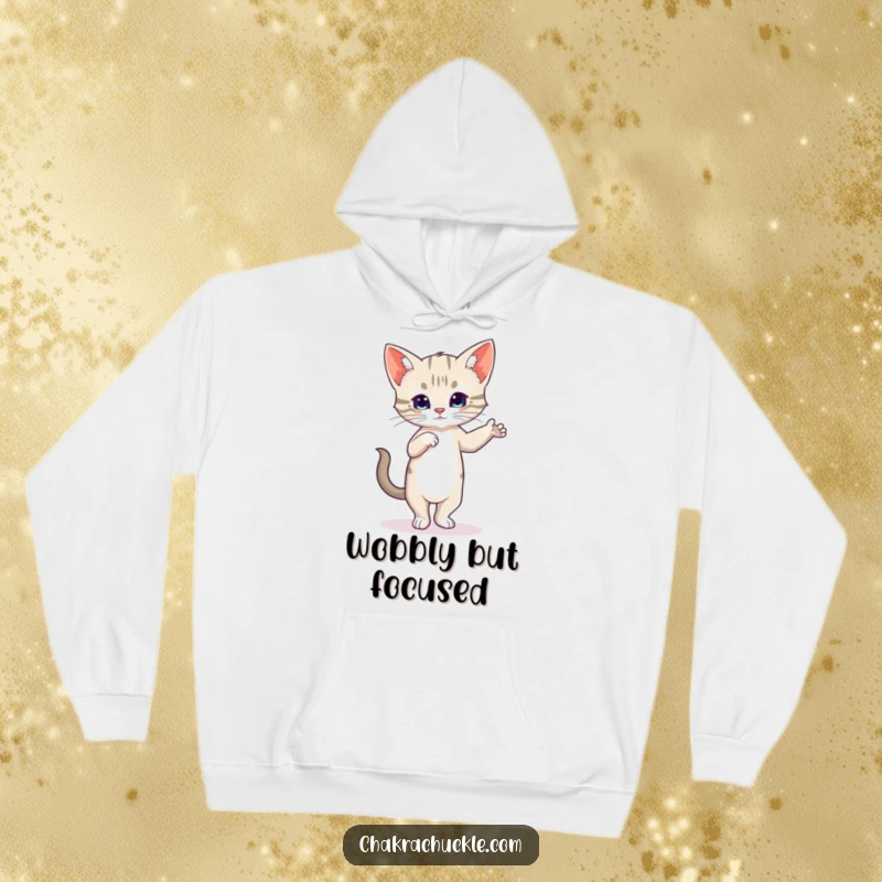 Funny Kitten Yoga Hoodie showing a wobbly cat in Tree Pose, perfect for cozy relaxation.