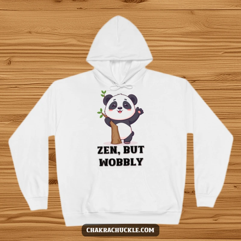 Funny hoodie depicting a curious panda humorously attempting a tree pose, wobbling slightly with a grin, ideal for cozying up.