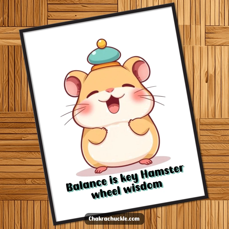 Funny Free Printable Wall Art: Giggling hamster humorously balancing a tiny meditation cushion on its head, looking delighted.