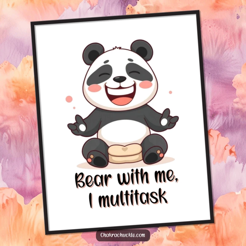 Funny Free Printable Panda Juggling Wall Art: Mischievous panda balancing cushions with a huge grin, perfect downloadable art.