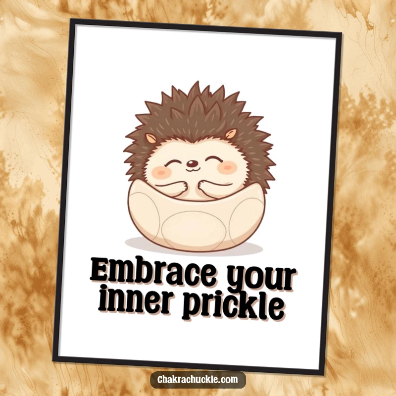 Funny Free Printable Wall Art: A smiling hedgehog peacefully rolled into a tiny meditation ball, radiating calm.