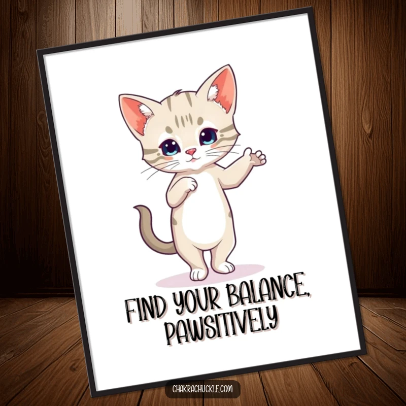 Funny Free Printable Wall Art: A wobbly kitten attempts a tree pose with concentration, showing its yoga prowess.