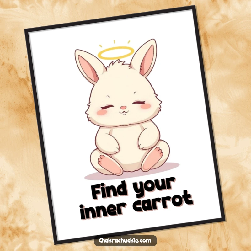 Free printable wall art of a fluffy bunny in a meditative lotus pose, eyes closed, with a subtle halo.