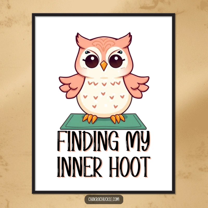Funny Free Printable Wall Art: Giggling owl floating serenely above a yoga mat, radiating peaceful mirth.