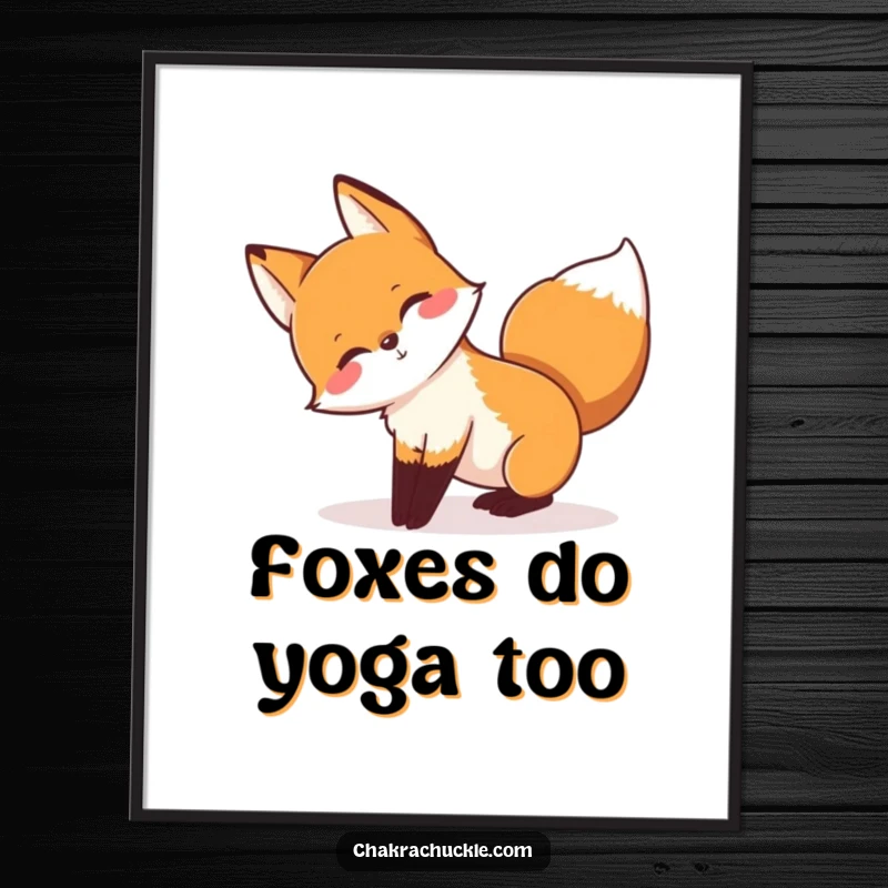 Free printable wall art of a playful fox energetically stretching in downward-facing dog, tail wagged with enthusiasm.