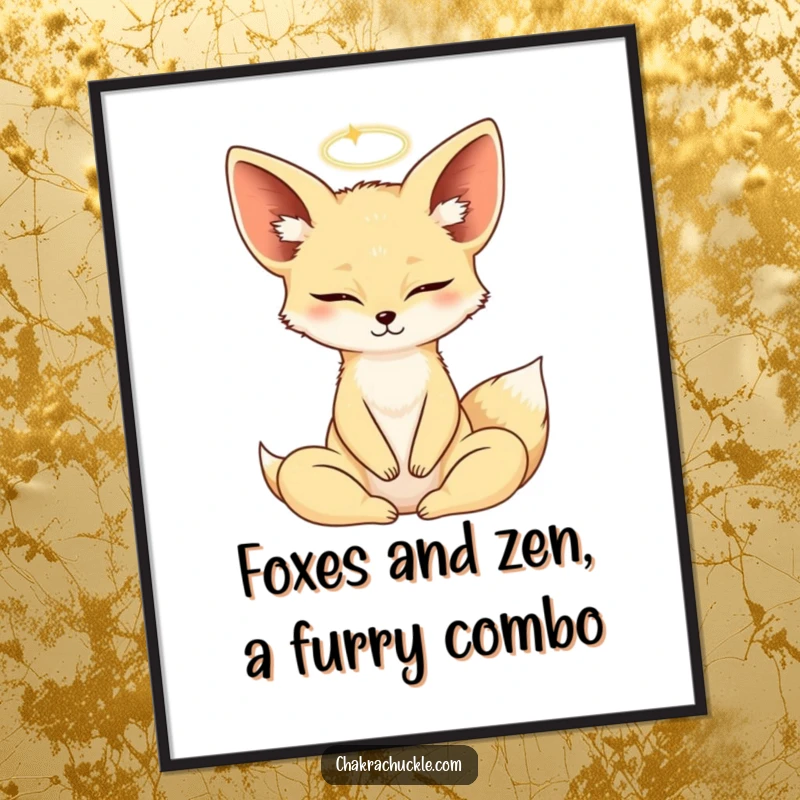 Funny Free Printable Fennec Fox Yoga Wall Art: Adorable fox in lotus pose, radiating peaceful vibes, a hilarious downloadable art piece.