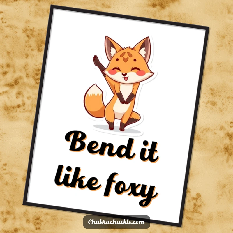 Funny Free Printable Fox Yoga Wall Art: Playful fox stretching leg in a yoga pose, radiating happy energy, ideal downloadable art for home.