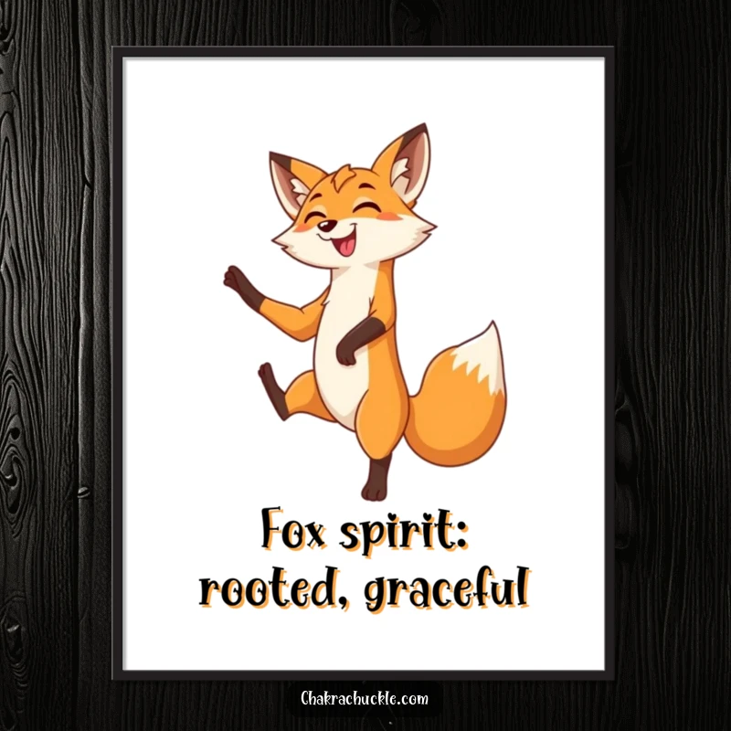 Funny Free Printable Wall Art: A grinning fox stands perfectly balanced in a tree pose, one leg lifted gracefully.