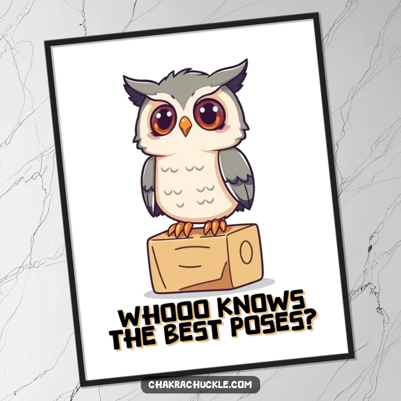 Funny Free Printable Wall Art of a curious owl perched on a yoga block, looking up with inquisitive charm.